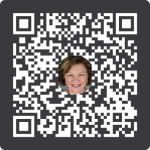 A woman is smiling in front of a qr code.